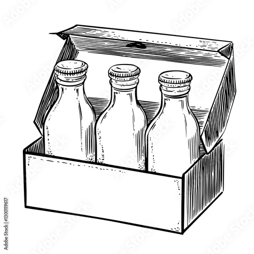 Vintage illustration of three milk bottles in a carton showcasing a classic design from earlier times