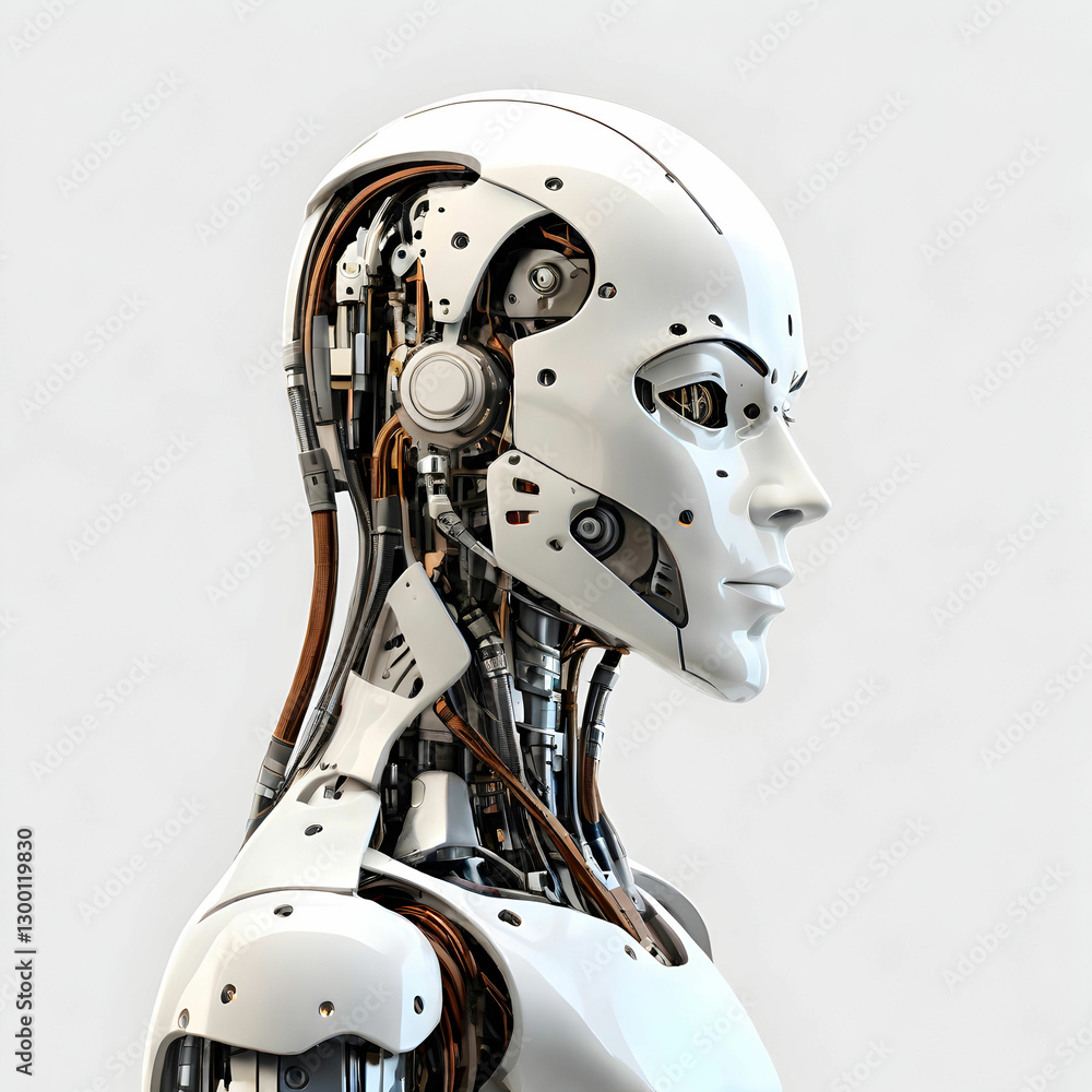 Fototapeta premium AI robot in deep thought, side view, isolated on a transparent background.