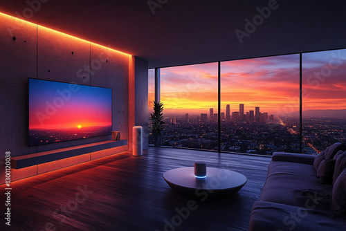 Modern living room with smart air purifier, automated lights, and digital assistant in a cozy tech-integrated space responding to voice commands for comfort and convenience photo