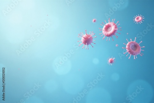 3D rendered coronavirus (COVID-19) particles on a blue background.