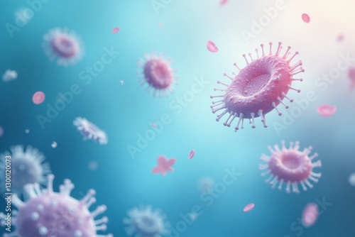 3D rendered coronavirus (COVID-19) particles on a blue background.