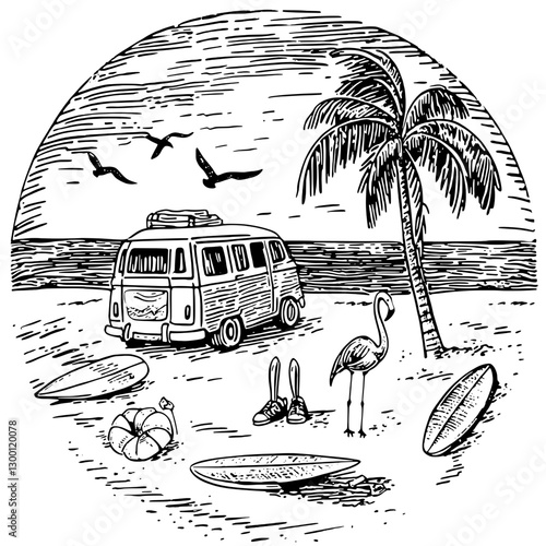 Vintage camper van parked on a sandy beach with palm trees and surfboards at sunset