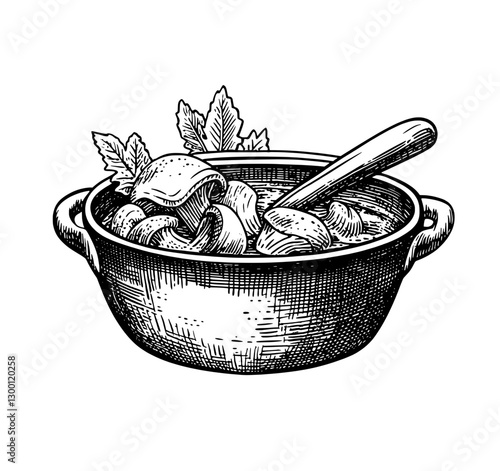 Delicious soup in a rustic bowl with fresh herbs displayed on wooden surface