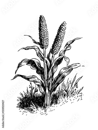 Illustration of a mature grain plant with ears, showcasing farming and botanical details