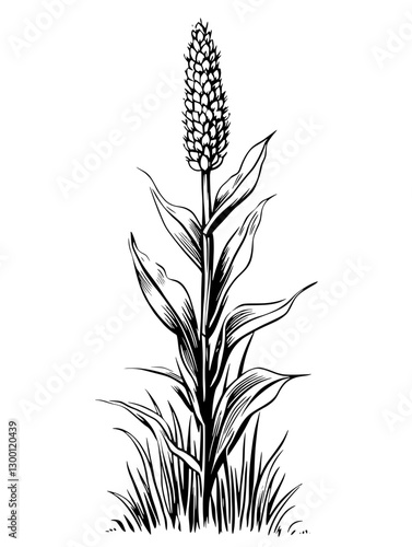 Detailed illustration of a corn plant featuring leaves and a prominent ear in a natural setting