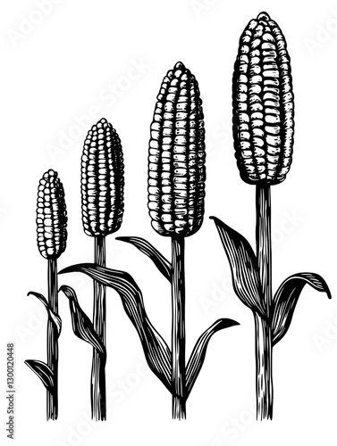 Detailed illustration of corn plants showing growth stages in black and white
