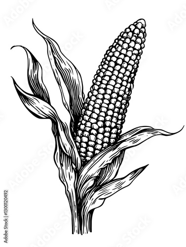 Detailed illustration of a corn ear with leaves in a botanical style showing agricultural practices