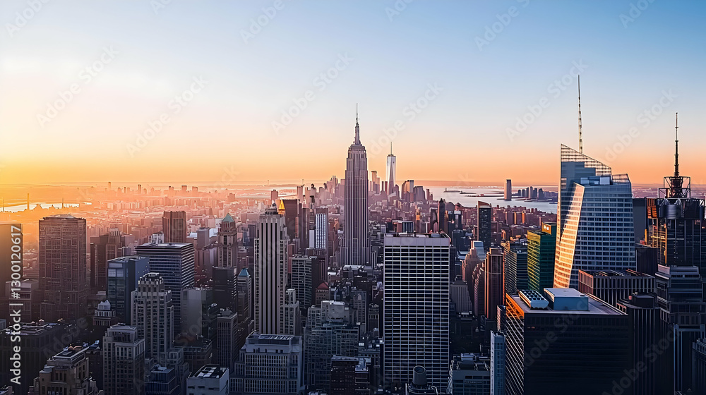 Fototapeta premium Vibrant City Skyline At Sunset With Golden Buildings and Blue Sky in New York