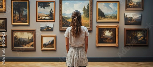 Woman admiring framed landscape paintings in an art gallery with dark gray walls and wooden floor, showcasing a lifestyle art appreciation scene