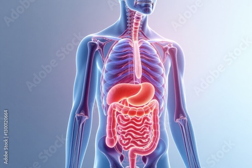 A detailed human digestive system depicted within a blue male figure, illustrating anatomy and biological function.