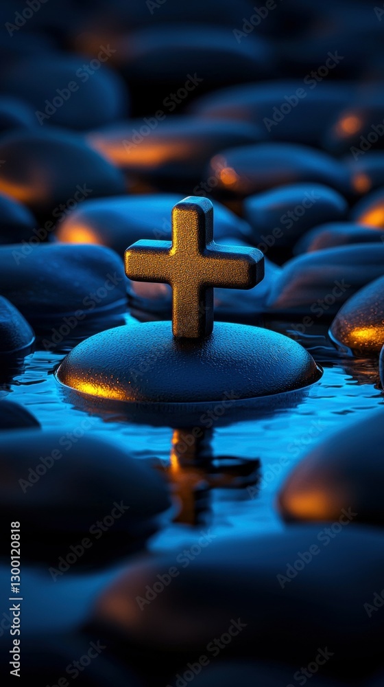 Fototapeta premium Cross Symbol on Stone in Calm Water with Reflection of Faith Hope and Spiritual Healing 89 chars