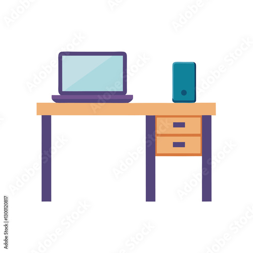 Desk with laptop and phone for communication flat color vector design