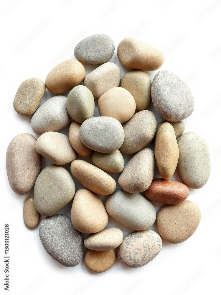 A Pile of Smooth River Stones Isolated on White Background, showcasing natural curves and textures A Pile of Smooth River Stones Isolated on White Background, showcasing natural curves and textures