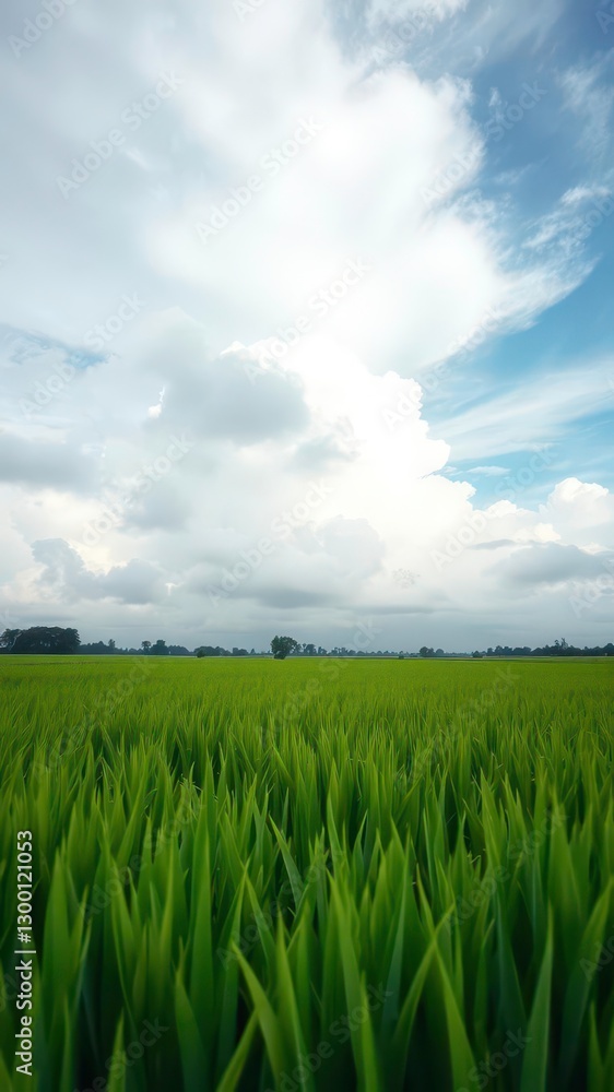 Fototapeta premium A Rice Field with Cloudy Skies Above, Highlighting Green Crops and Clear Views