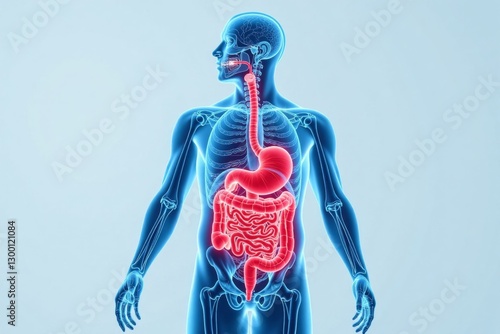 A detailed human digestive system depicted within a blue male figure, illustrating anatomy and biological function.