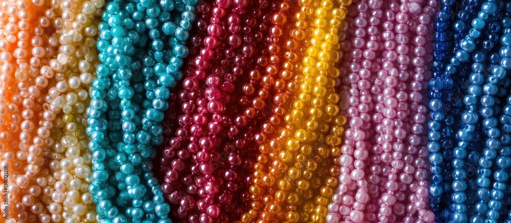 Colorful strands of glossy beads in gradient rows featuring orange, blue, green, yellow, red, pink, and purple hues ideal for jewelry making. Colorful strands of glossy beads in gradient rows featuring orange, blue, green, yellow, red, pink, and purple hues ideal for jewelry making.