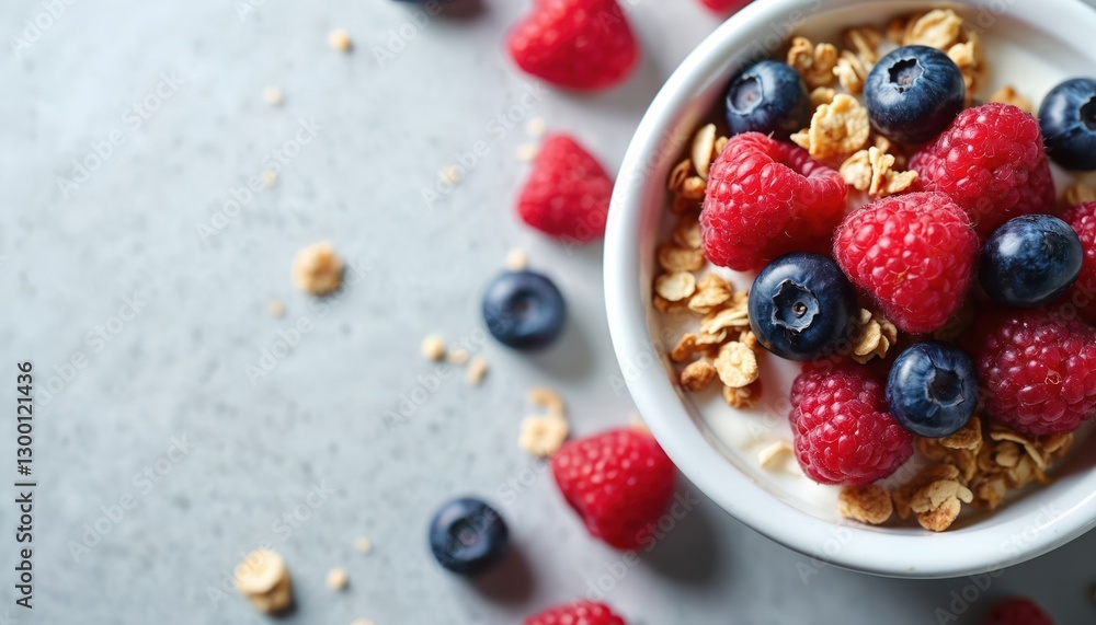 Top view breakfast parfait made from yogurt and granola topped with fresh berries. Healthy meal with organic natural ingredients for diet. Tasty dairy snack with fruits. Copy space. Top view breakfast parfait made from yogurt and granola topped with fresh berries. Healthy meal with organic natural ingredients for diet. Tasty dairy snack with fruits. Copy space.