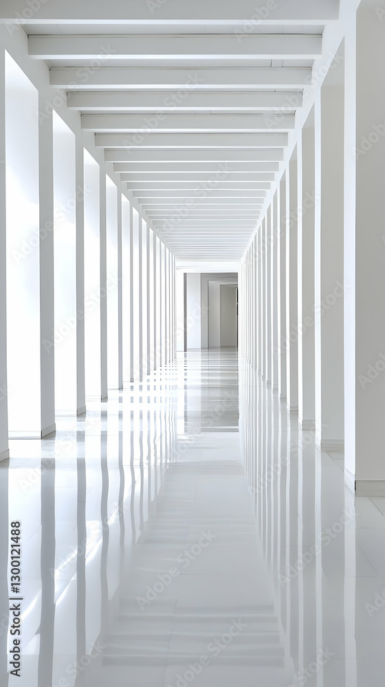 Fototapeta premium Bright White Hallway With Reflective Floor and Geometric Columns