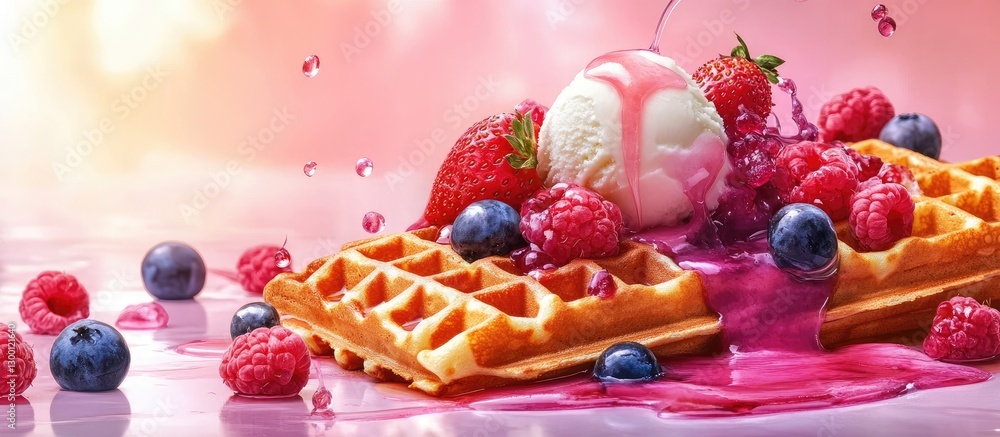 Delicious golden waffles topped with ice cream, fresh strawberries, and blueberries on a vibrant pink background, perfect for dessert lovers. Delicious golden waffles topped with ice cream, fresh strawberries, and blueberries on a vibrant pink background, perfect for dessert lovers.