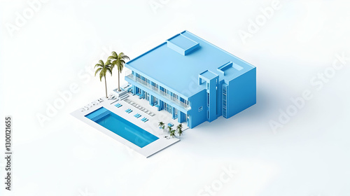 Wallpaper Mural Isometric Blue Pixelated Resort Building With Pool Palm Tree And White Background Torontodigital.ca