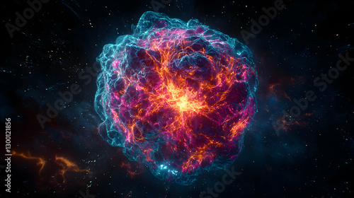 Abstract Glowing Nebula Sphere in Deep Space with Colorful Light and Starry Background