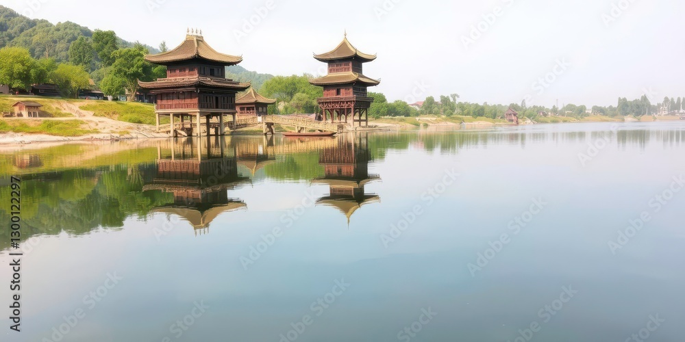 Dong Ethnic Drum Tower Reflected in a Clear River in Zhaoxing, Guizhou Dong Ethnic Drum Tower Reflected in a Clear River in Zhaoxing, Guizhou