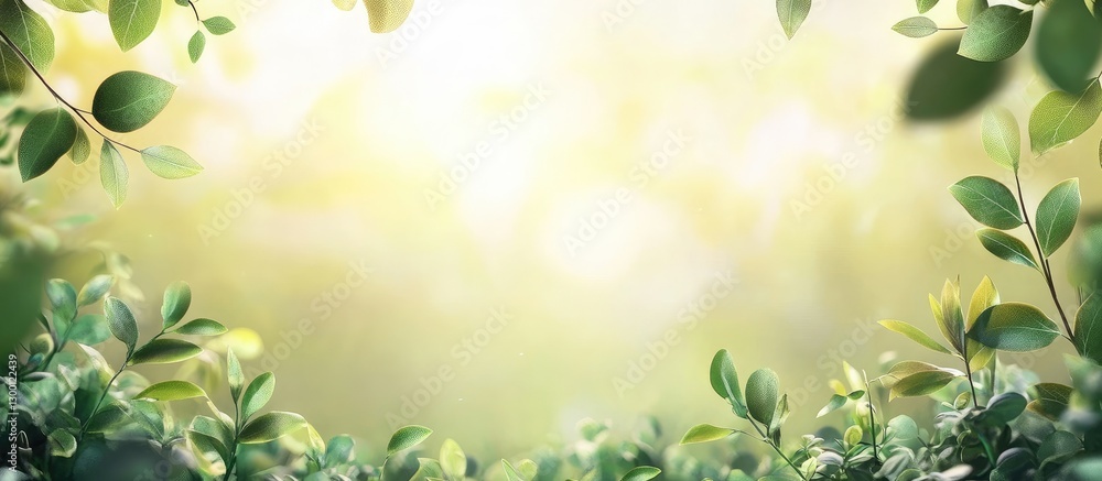 Obraz premium Lush green leaves frame a soft golden background with gentle light, creating a serene and tranquil natural atmosphere.
