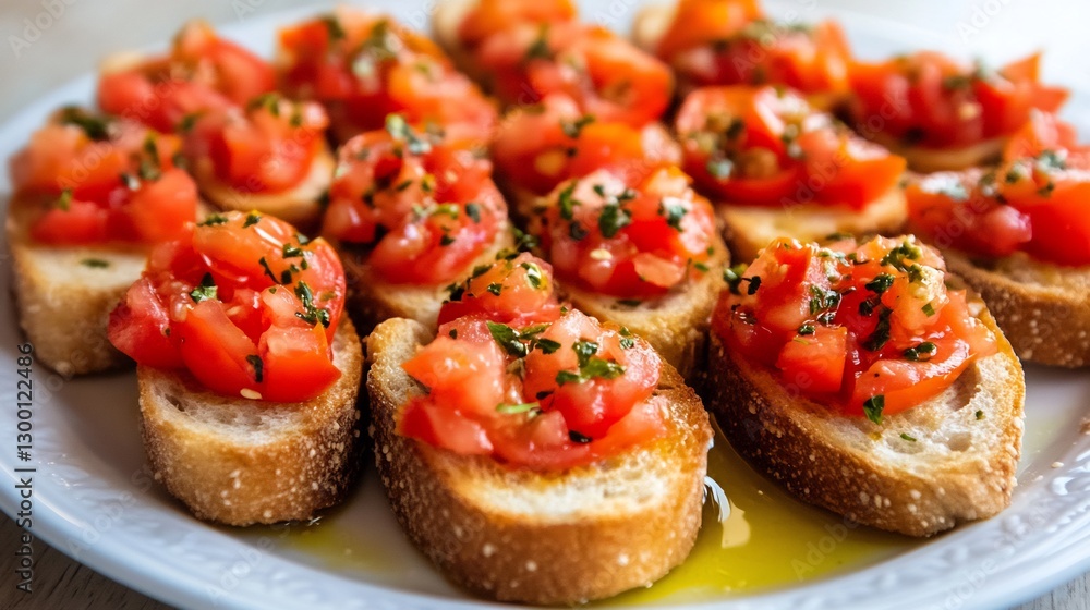Plate of bruschetta arranged a row with vibrant tomato toppings and a drizzle of olive oil Plate of bruschetta arranged a row with vibrant tomato toppings and a drizzle of olive oil