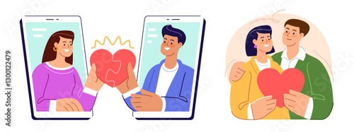 People communicate and start love relationships on dating app. Young couple holding big heart, happy family