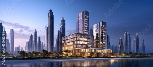 Modern skyline with towering glass office buildings and an expansive empty concrete square in the foreground, featuring a dusk sky with warm hues.