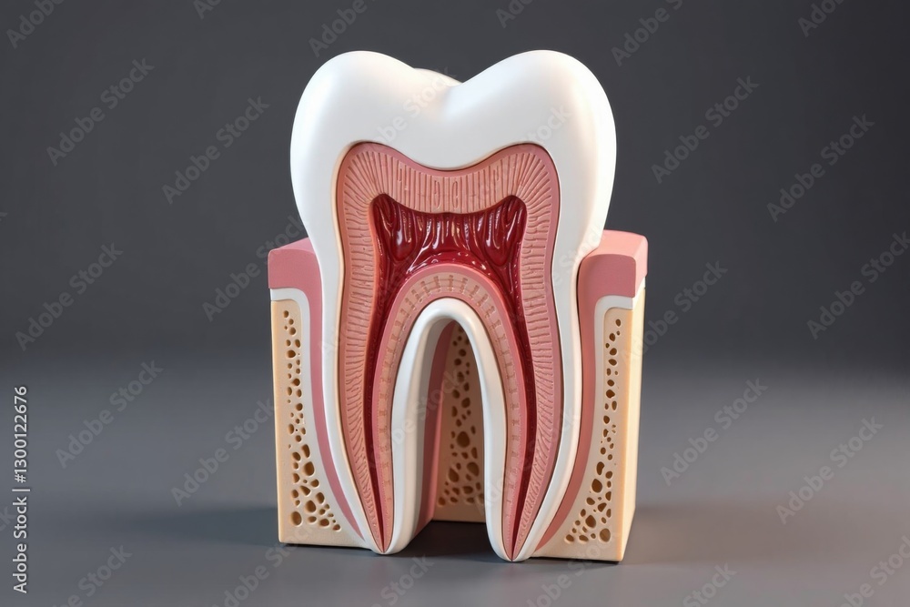 Cross-section of a molar tooth, detailed 3D medical illustration. Focus on dental anatomy, enamel, dentin, pulp, and root. Cross-section of a molar tooth, detailed 3D medical illustration. Focus on dental anatomy, enamel, dentin, pulp, and root.