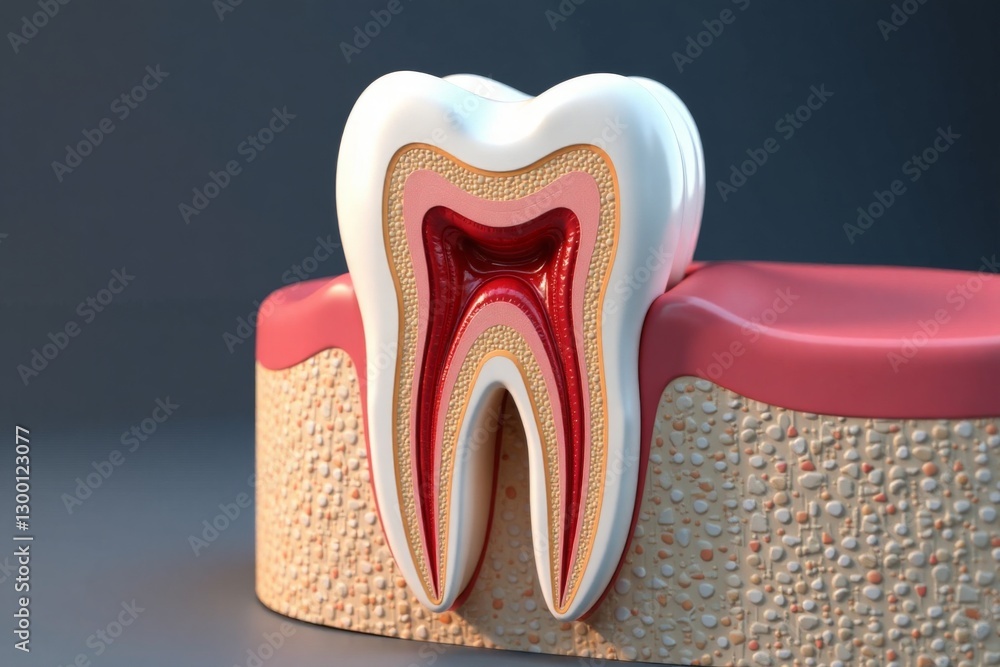 Cross-section of a molar tooth, detailed 3D medical illustration. Focus on dental anatomy, enamel, dentin, pulp, and root. Cross-section of a molar tooth, detailed 3D medical illustration. Focus on dental anatomy, enamel, dentin, pulp, and root.