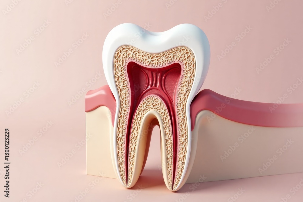 Cross-section of a molar tooth, detailed 3D medical illustration. Focus on dental anatomy, enamel, dentin, pulp, and root. Cross-section of a molar tooth, detailed 3D medical illustration. Focus on dental anatomy, enamel, dentin, pulp, and root.
