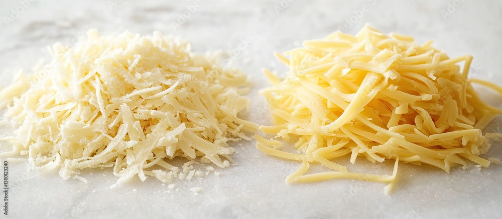 Obraz premium Shredded white and yellow cheese piles on a light marble surface, showcasing textures and colors, ideal for culinary and food-related themes.