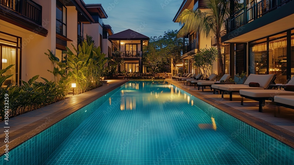 Obraz premium Serene Twilight Poolside: Resort's Tranquil Evening Scene