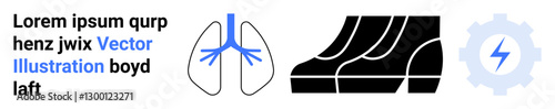 Lungs with airways, black footwear sole patterns, and gear with lightning bolt for energy. Ideal for health, footwear design, renewable energy, engineering, mechanics, anatomy studies flat landing