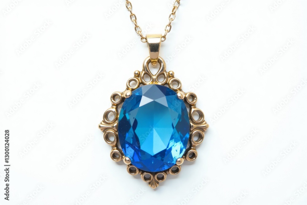 Elegant gold necklace with a large, teardrop-shaped blue topaz pendant. Soft floral background. Elegant gold necklace with a large, teardrop-shaped blue topaz pendant. Soft floral background.