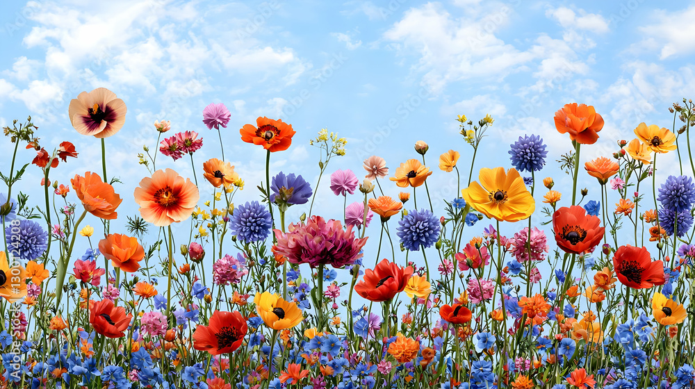 Fototapeta premium Vibrant Field of Colorful Wildflowers Blooming Under a Bright Blue Sky