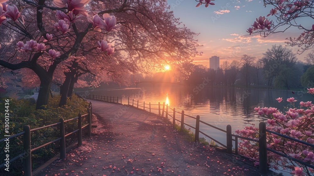 Obraz premium Spring sunrise park path with magnolia trees and pond