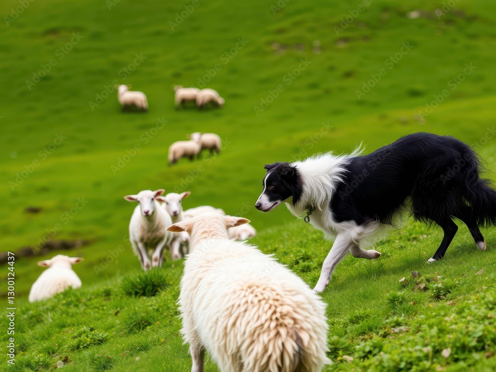 Border Collie Dog Working in the Countryside, Herding Sheep on Lush Green Hills Border Collie Dog Working in the Countryside, Herding Sheep on Lush Green Hills