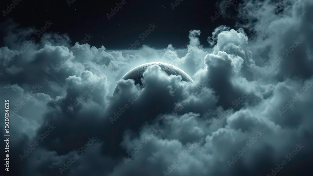 Obraz premium A Dark Planet with Starry Glow and Nebula Clouds Set Against the Endless Night Sky