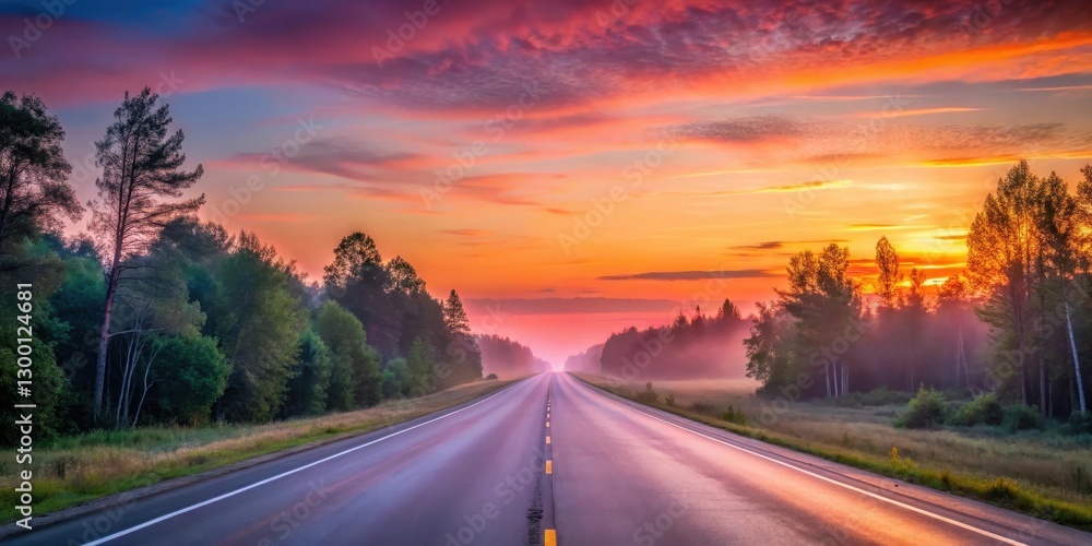 Naklejka premium A serene highway at dawn with soft pink and orange hues illuminating the horizon as a gentle sunrise breaks through the trees