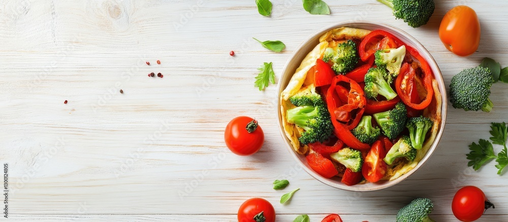 Fresh vibrant bowl of vegetable stir-fry with red peppers broccoli and tomatoes arranged on a light wooden surface with herbs on the side. Fresh vibrant bowl of vegetable stir-fry with red peppers broccoli and tomatoes arranged on a light wooden surface with herbs on the side.