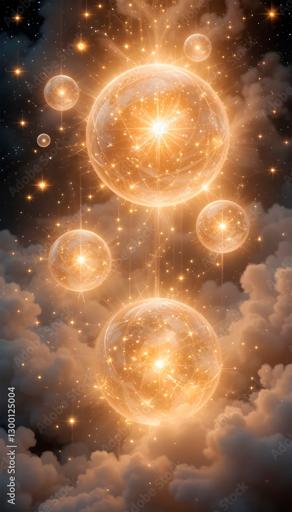 Floating celestial orbs emitting radiant light surrounded by soft swirling mist and twinkling stars for phone wallpaper Floating celestial orbs emitting radiant light surrounded by soft swirling mist and twinkling stars for phone wallpaper