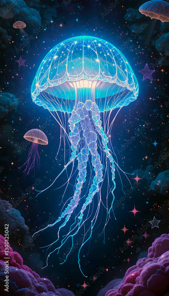 Fototapeta premium Colorful glowing jellyfish floating in a starry night sky for phone wallpaper 