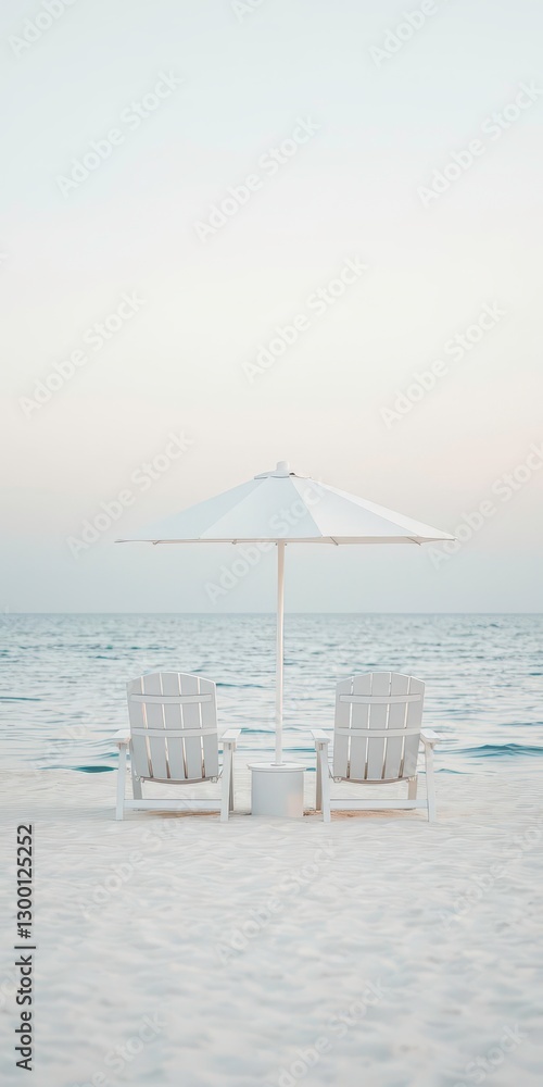 Fototapeta premium Simple beach scene with white chairs and a parasol under soft pastel skies, with calm waters stretching to the horizon