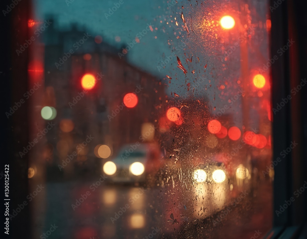 Obraz premium City lights through rainy glass. Night urban landscape with blurred bokeh. Red, yellow, orange lights create moody atmospheric scene. Perfect for background, design, graphic, or retro vibe.