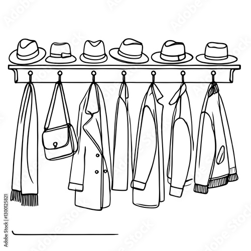 Coat rack with hanging hats and clothes in continuous single line drawing style.