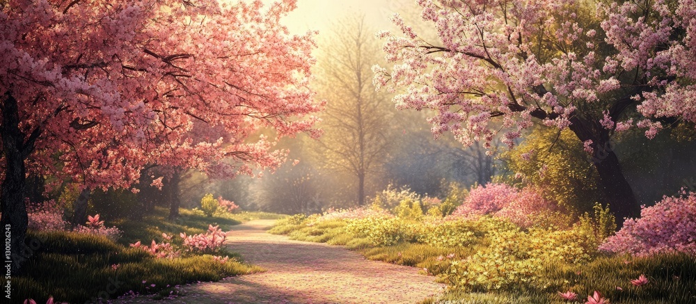 Blossoming cherry trees in soft pink hues lining a serene pathway with lush green grass illuminated by gentle morning light in a tranquil spring scene Blossoming cherry trees in soft pink hues lining a serene pathway with lush green grass illuminated by gentle morning light in a tranquil spring scene