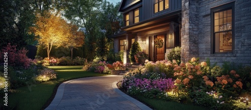 Wallpaper Mural Elegant home entrance illuminated by soft garden lights, vibrant flowers in shades of orange and pink, surrounded by lush green foliage at twilight. Torontodigital.ca